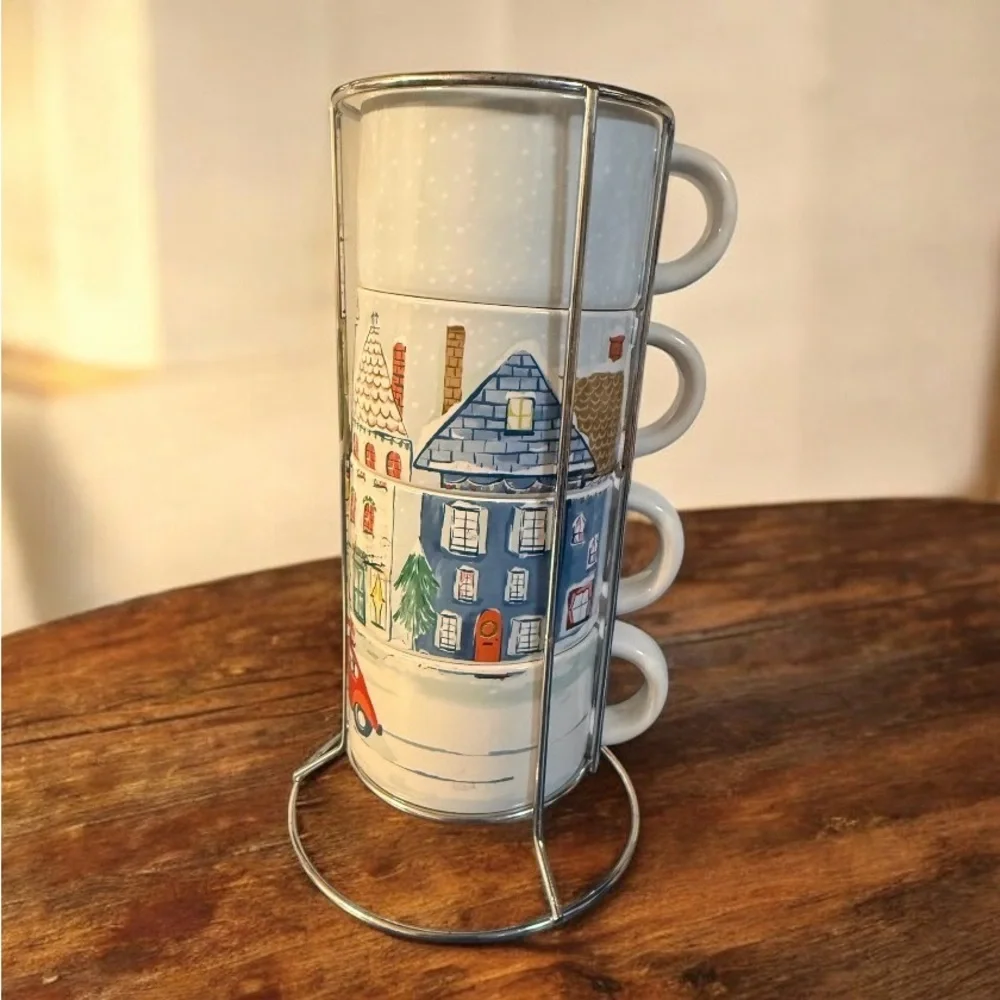 Pier 1 Set 4 Stacking Mug Coffee Cocoa Winter Holiday Christmas Stoneware Snow